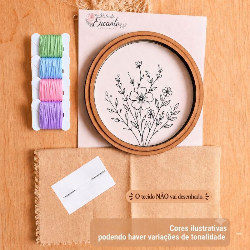 Kit Bordado para Iniciantes Completo Bastidor 14cm Linhas Agulha Guia de Pontos | Bordado Livre DIY