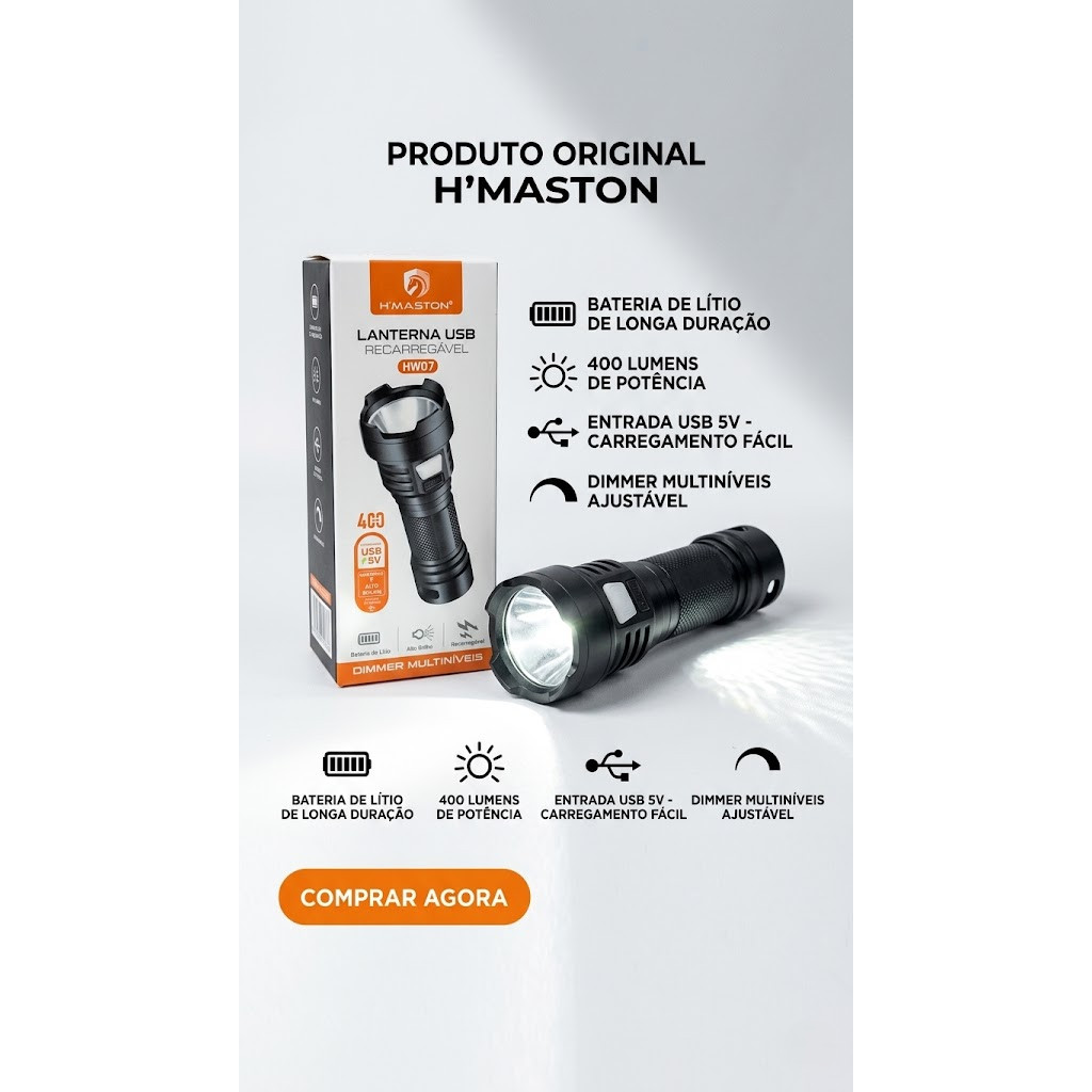 H'MASTON HW07 Lanterna Tática Multifuncional com OSL+COB LED, USB Recarregável e Bateria de Lítio de Alta Capacidade