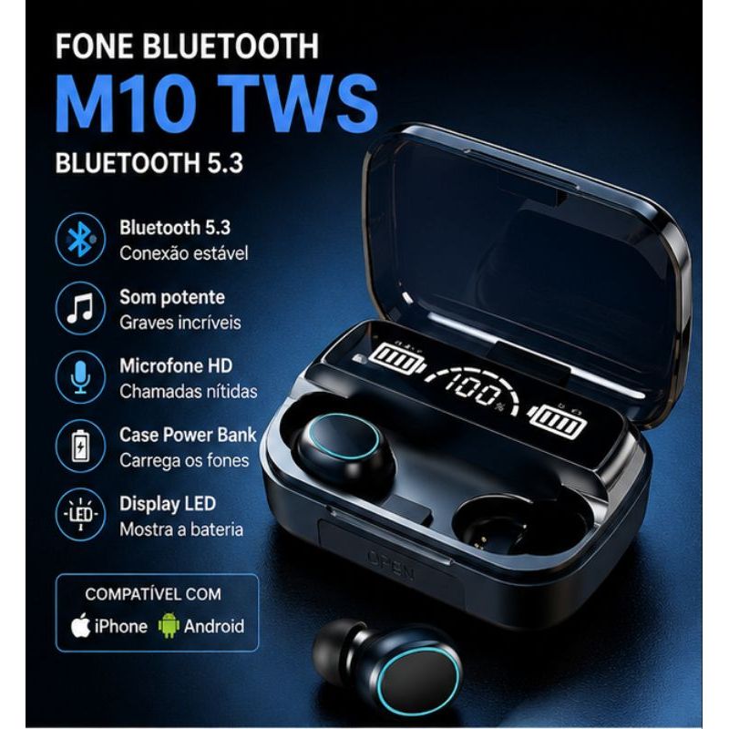 Fone Bluetooth M10 TWS 5.3 Sem Fio Display LED Power Bank Microfone HD Android iPhone