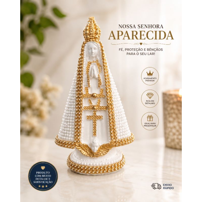 Imagem Nossa Senhora Aparecida 15 cm Decorada com Pérolas | Estátua Católica para Decoração, Altar e Presente Religioso