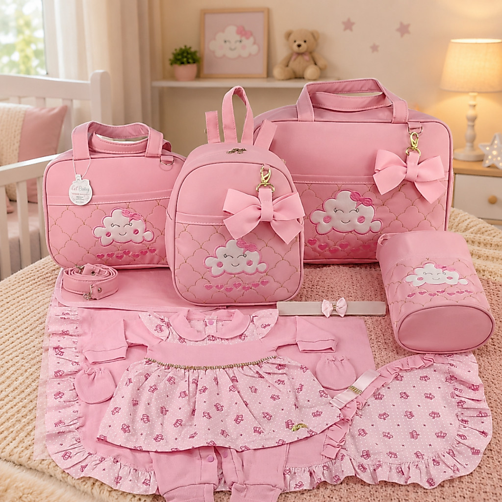 Kit Bolsa Maternidade Menina 5 Peças Nuvem + Saída Maternidade Rosa - Opções Laços de Luxo