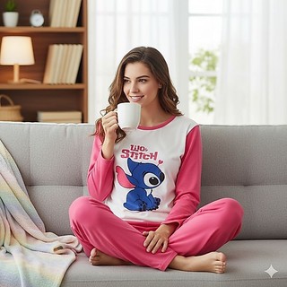 Pijama Longo Malha Personagem Estampado Pijama de Inverno feminino conjunto feminino Roup…
