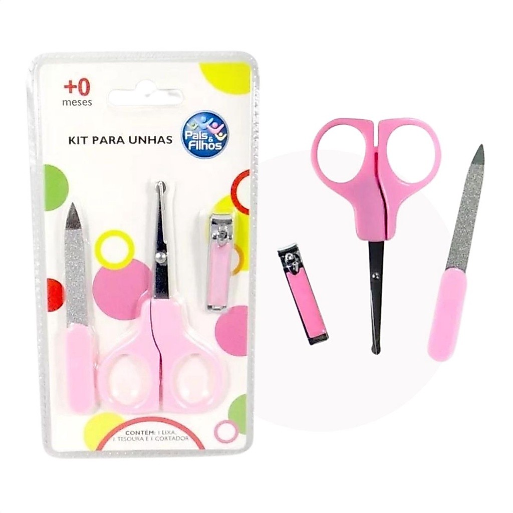 Kit para Unhas Completo Bebês Tesoura Lixa e Cortador Rosa