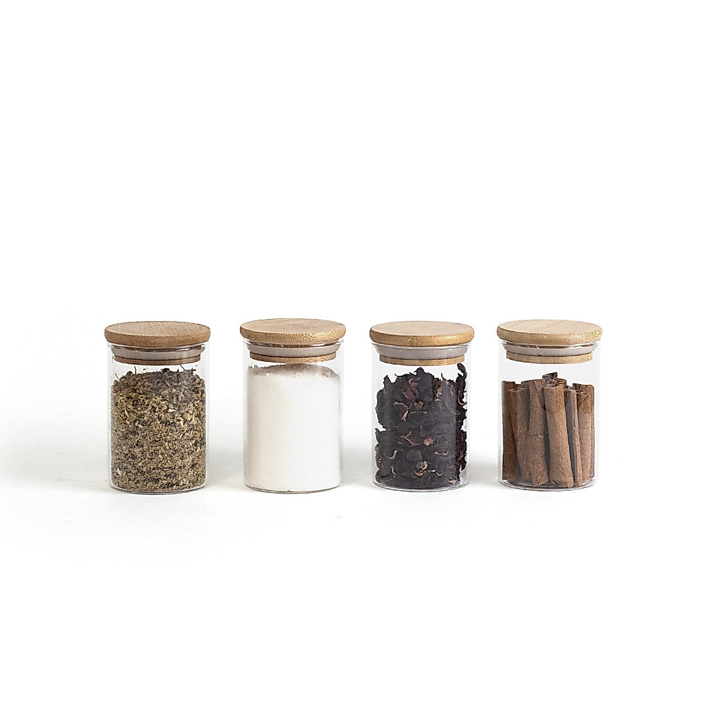 Kit 4 Potes de Vidro Hermético C/ Tampa de Bambu 250ml Oikos