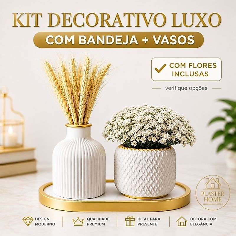 Kit Decorativo Vasos e Bandeja Gold de Gesso (presente / enfeite / casa / sala / ambiente / banheiro)