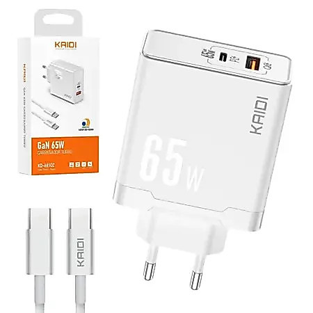 Carregador Turbo GaN 65W Kaidi com cabo USB-C KD-681CC
