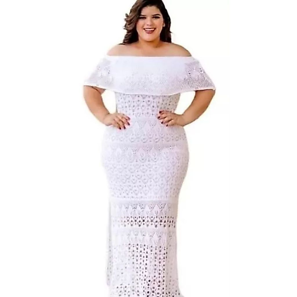 Vestido Plus Size Longo Festa Branco Cores Trico Blogueira