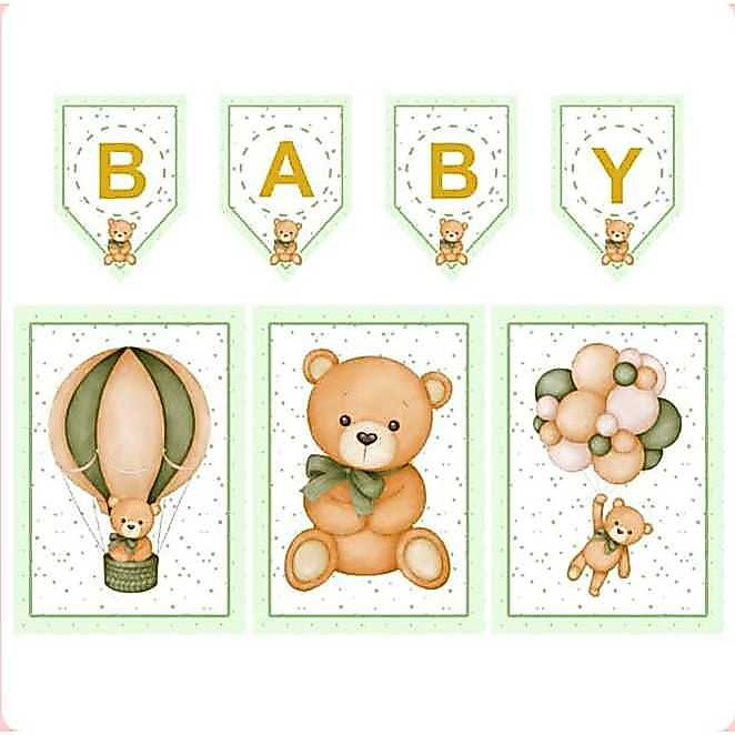 kit só um bolinho Chá de Bebe Ursinho Verde 1 bandeirola +3 pôsteres de parede Kit Festa em Casa Mesversário Decoração
