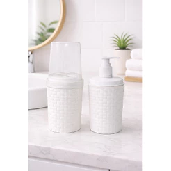 Kit De Banheiro Lavabo Porta Sabonete Líquido Rattan Escova De Dente Branco