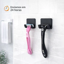 Suporte Para Barbeador Porta Gilete Gillette Prestobarba Parede Sem Furo Fita 3M Preto Banheiro