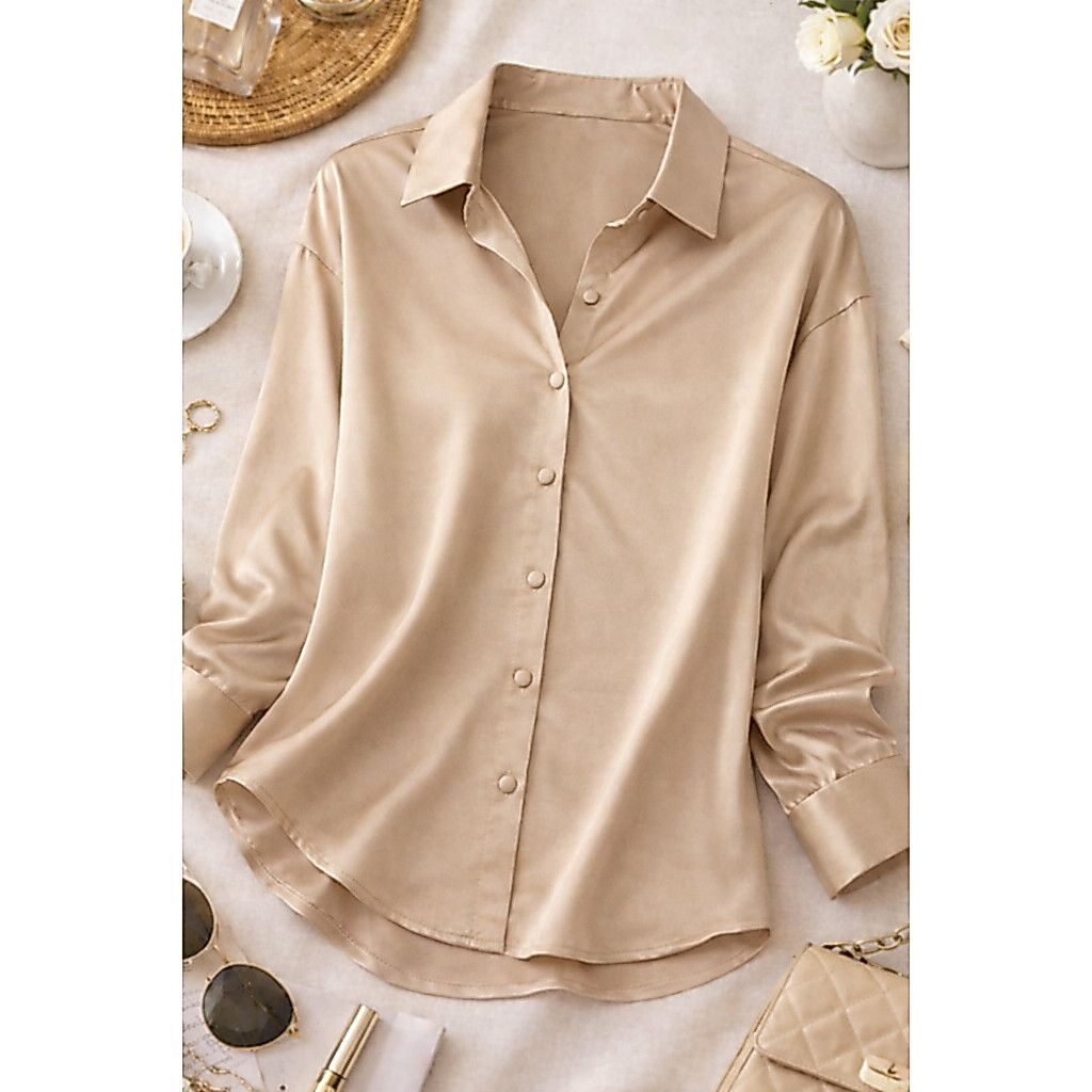 Camisa Manga Princesa e Manga Reta Social Cetim Feminino Elegante Lisa Chique Manga Longa Manga