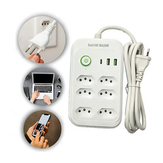Filtro De Linha Extensão Elétrica 6 Tomadas 2 USB 1 Tipo C 2500W Portátil Adaptador De Viagem Carregador Rápido