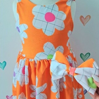 Vestido + Laço para cabelo Vestido Infantil Menina Coral Laranja Florido Flor