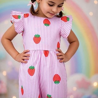 Macacão Infantil Menina Longo Moranguinho Listrado Manga Babado