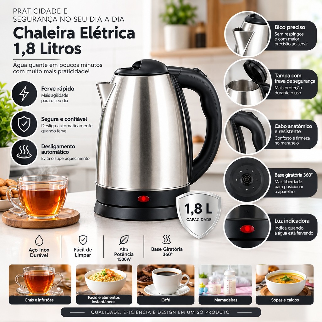 Chaleira Elétrica Inox 1,8 Litros 110 v 220 v para Café Chá Aquecimento Rápido