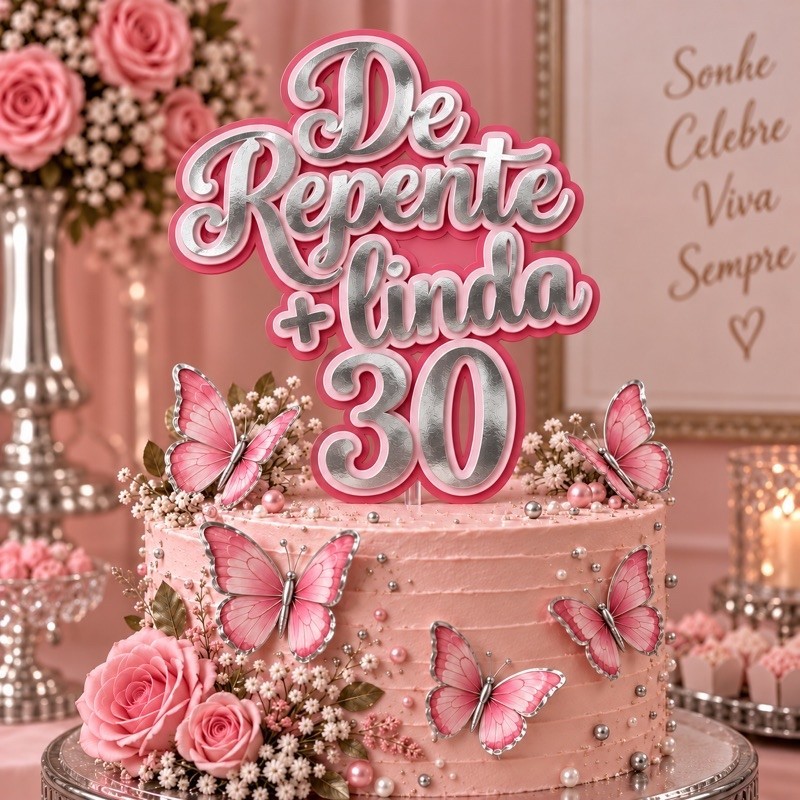 Topo de Bolo De Repente 30 De Repente + Linda 3D + 6 Borboletas 3D | Qualquer idade Feminino