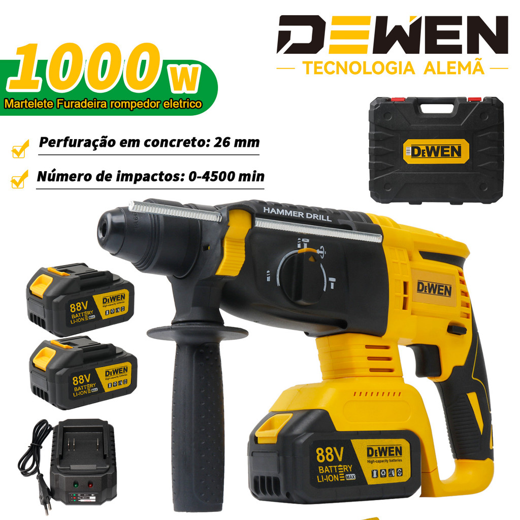 Martelete Perfurador profissional DeWEN 2 Baterias 88V 3 em 1 com Operação e Mandril SDS-Plus para Construção e Demoli