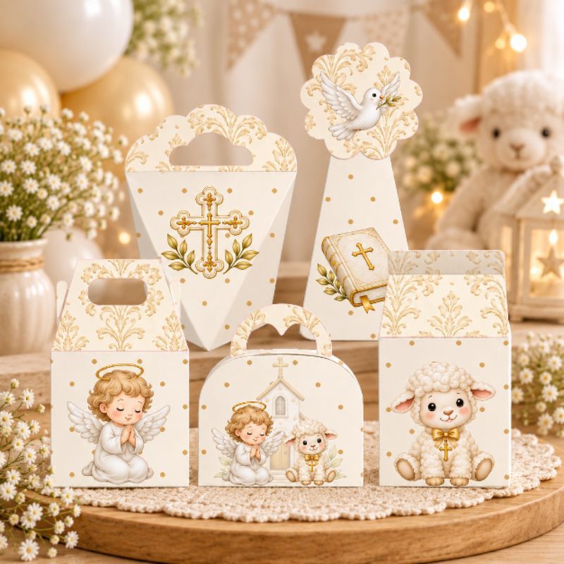 Caixinhas- Lembrancinha - Batizado dourado com Branco DESMONTADAS personalizados com nome