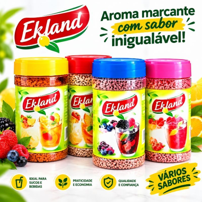 Chá Granulado Ekland 350g Instantâneo Importado Original Sabores Diversos Pêssego Limão Framboesa Frutas Vermelhas