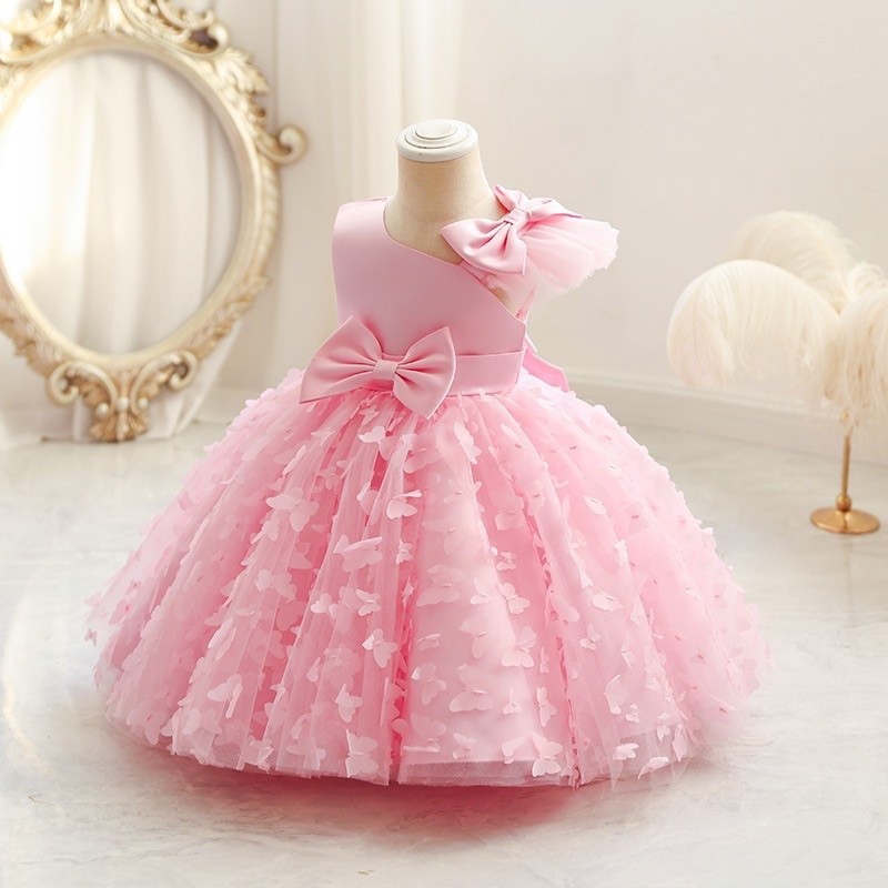 Vestido Infantil Borboletas Tule Laços Grandes Sem Mangas Daminha Casamento Aniversário Batizado Formatura Menina