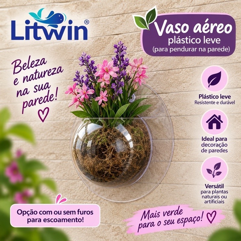 VASO ÁEREO P/ PLANTA USO NA PAREDE • PLÁSTICO CRISTAL 700ml