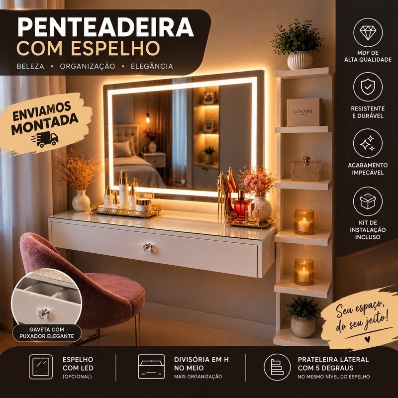 Kit Penteadeira 90CM + Espelho LED 80x40 +  Prateleira organizadora com 5 degraus
