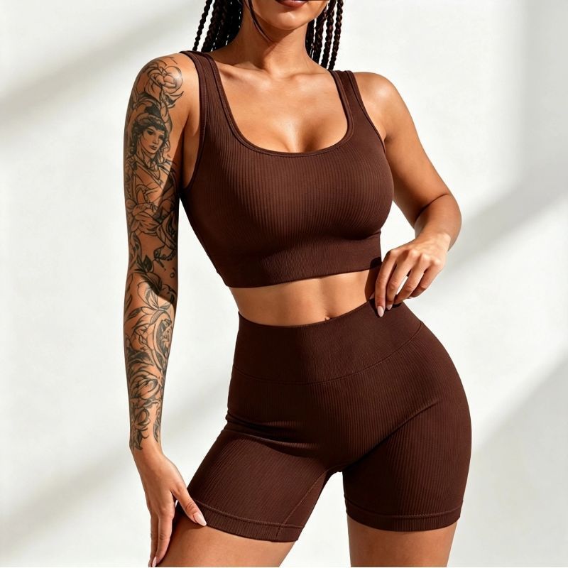 Conjunto de Academia Canelado Fitness Feminino Cintura Alta Sem Costura Cós Alto Confortável para Treinos e  Dia a Dia