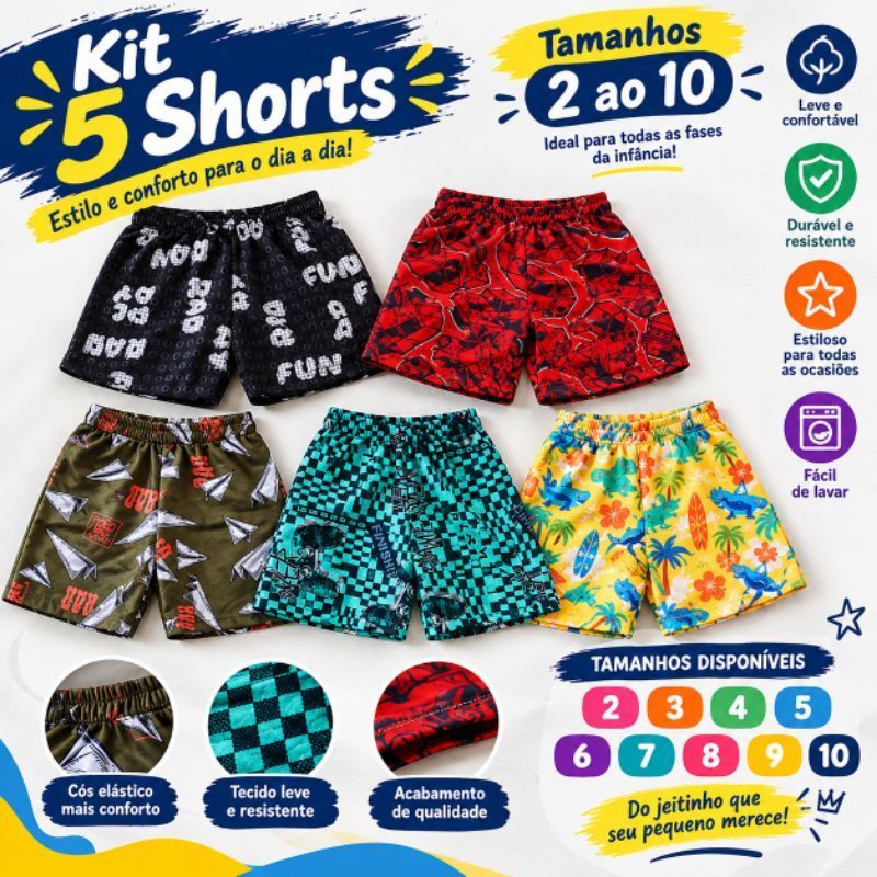 kit bermudas infantil Tactel 5 bermudas sortidas.