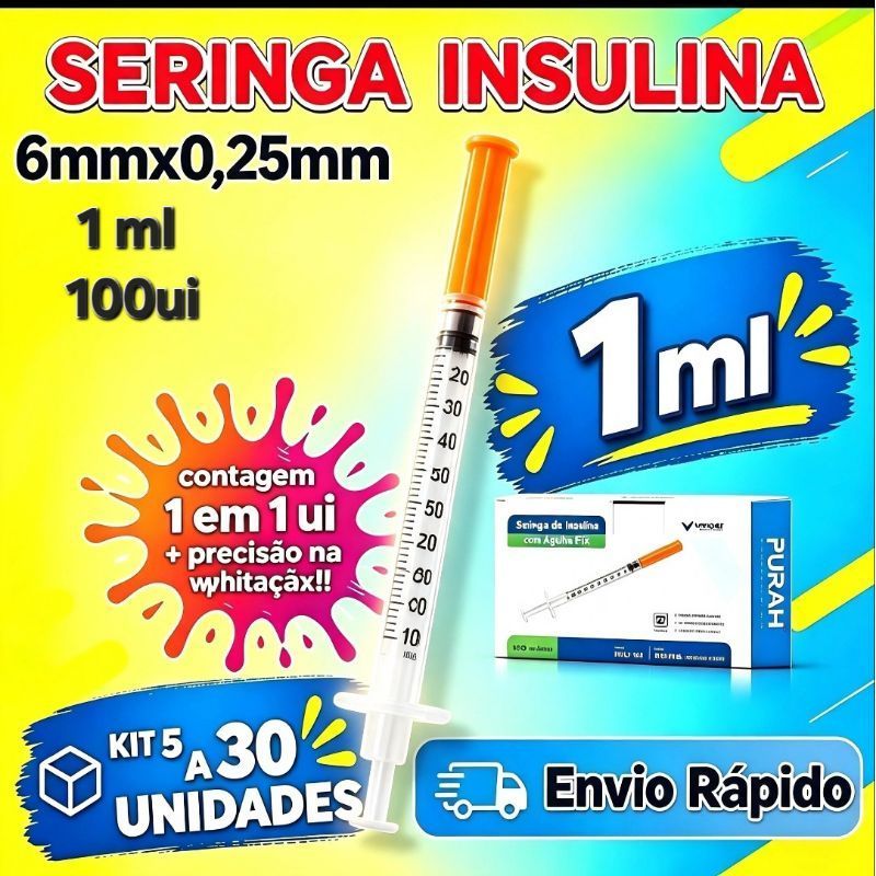 kit seringas Insulina 1 ml Agulha 6mmx0,25mm agulha fixa ultrafina kits 5 a 30 unidades.