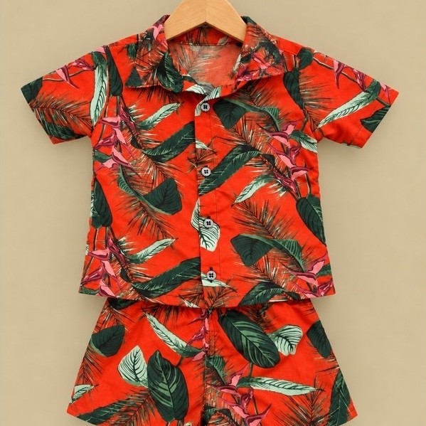 Conjunto Infantil Menino Tropical Estampado Camisa e Short – Tamanho 3 Anos