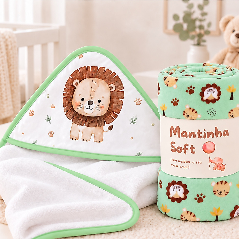 Kit Bebê 2 Peças Manta e Toalha de Banho com Capuz Enxoval Maternidade Menino Menina