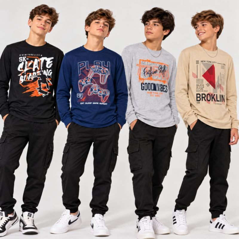 Kit 3 Camisetas Estampas Variadas Manga Longa Infantil Menino Algodão 100% Com Punho Confeção Própria