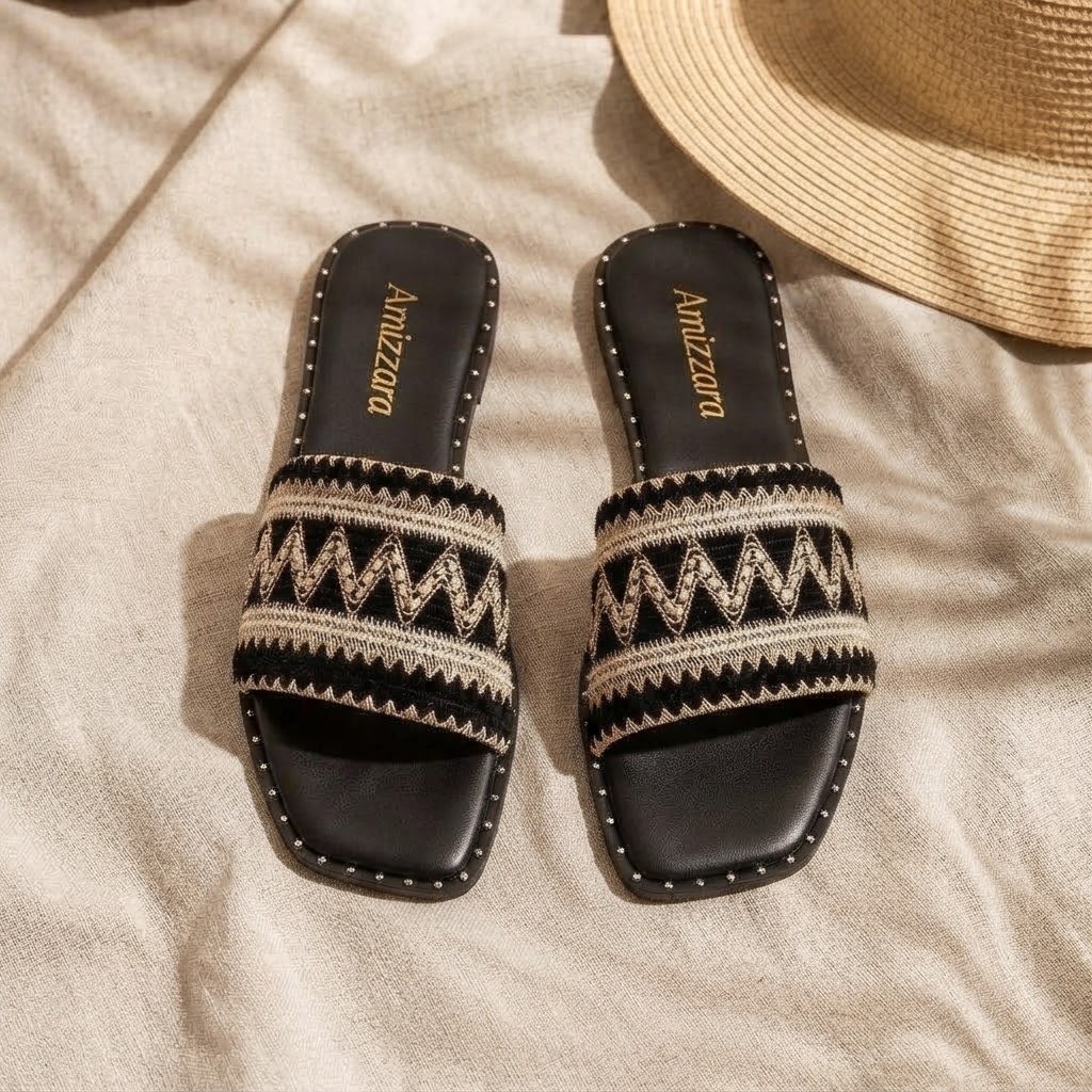 Rasteira Feminina Artesanal Bordado Indiano Boho Preta Sandália Bico Quadrado Leve Confortável Verão
