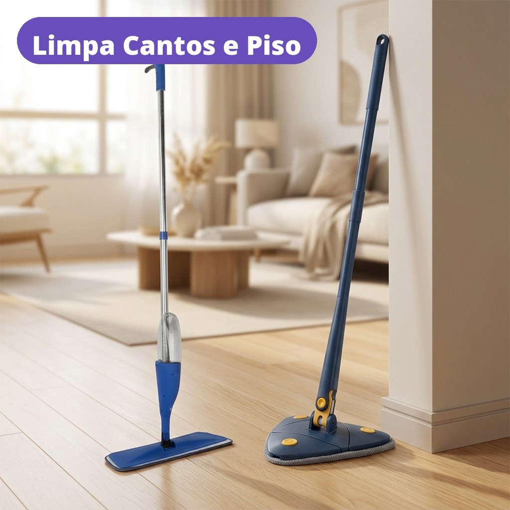 Kit Mop Giratório 360 Triangular e Spray Com Reservatório Limpa Piso Cantos Rodapé Casa Apartamento