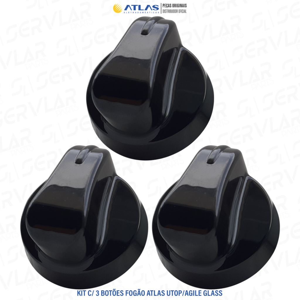 KIT COM 3 BOTÕES MANÍPULOS PARA FOGÕES ATLAS UTOP GLASS E AGILE GLASS 4 OU 5 BOCAS 100% ORIGINAIS