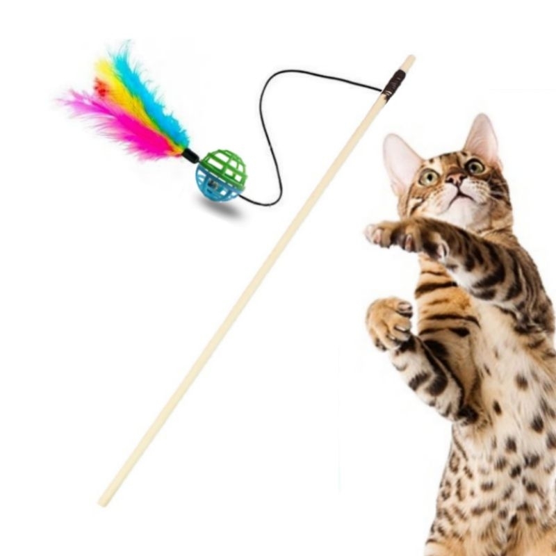 Varinha Para Gato, vareta de madeira com Bolinha Guizo e penas