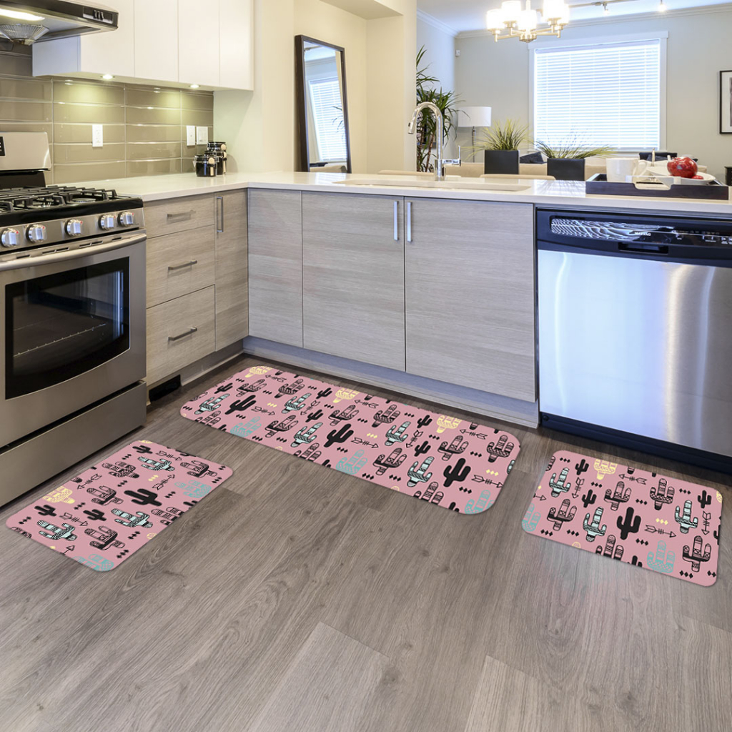 Kit Jogo 3 Peças de Tapete para Cozinha Cactos Fundo Rosa Antiderrapante Dcorô