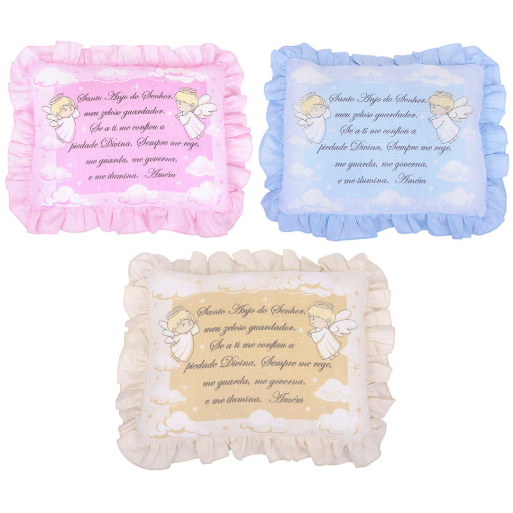 Travesseiro Bebê Oração Pai nosso Santo Anjo 28x35cm Luxo Com Babado