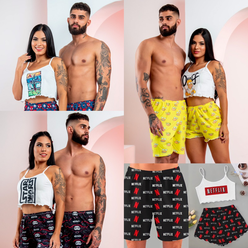 Pijama de Casal  Cropped Ondinha l  Pijama virgini | Kit Mozão| Conjunto Pijama e Samba canção. em Oferta na Shopee