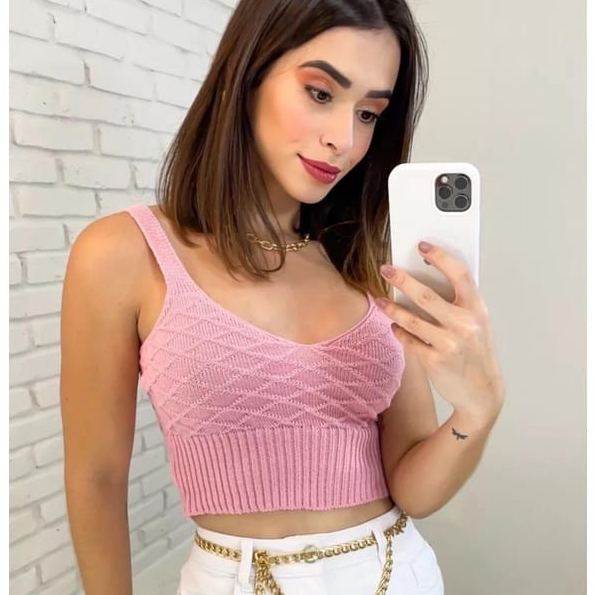Cropped Top Feminino Alçinha Fina Tricô Tranças Canelada Blusinha Feminina Blogueira