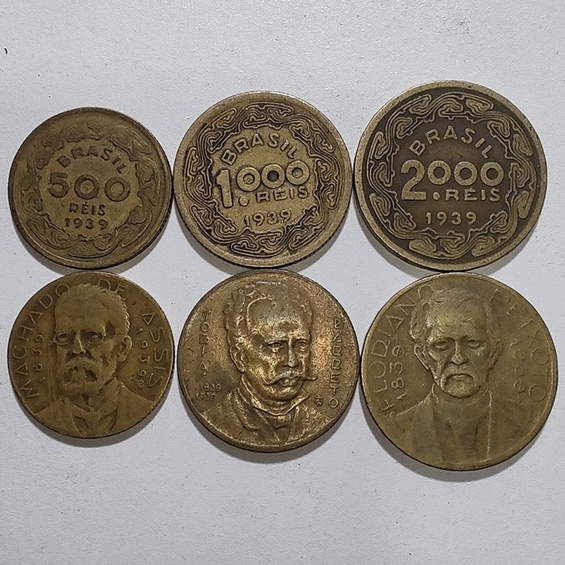 Moedas de 500, 1000 e 2000 Réis de 1939 (Série Brasileiros Ilustres - Machado de Assis, Tobias Barreto e Marechal Floriano Peixoto)