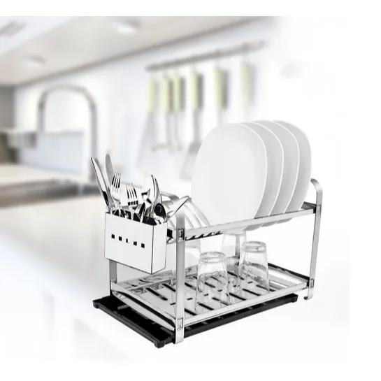 Escorredor Secador Inox 16 Pratos Louca Louça Porta Talheres Inox Mais Bandeja Coletora Preta