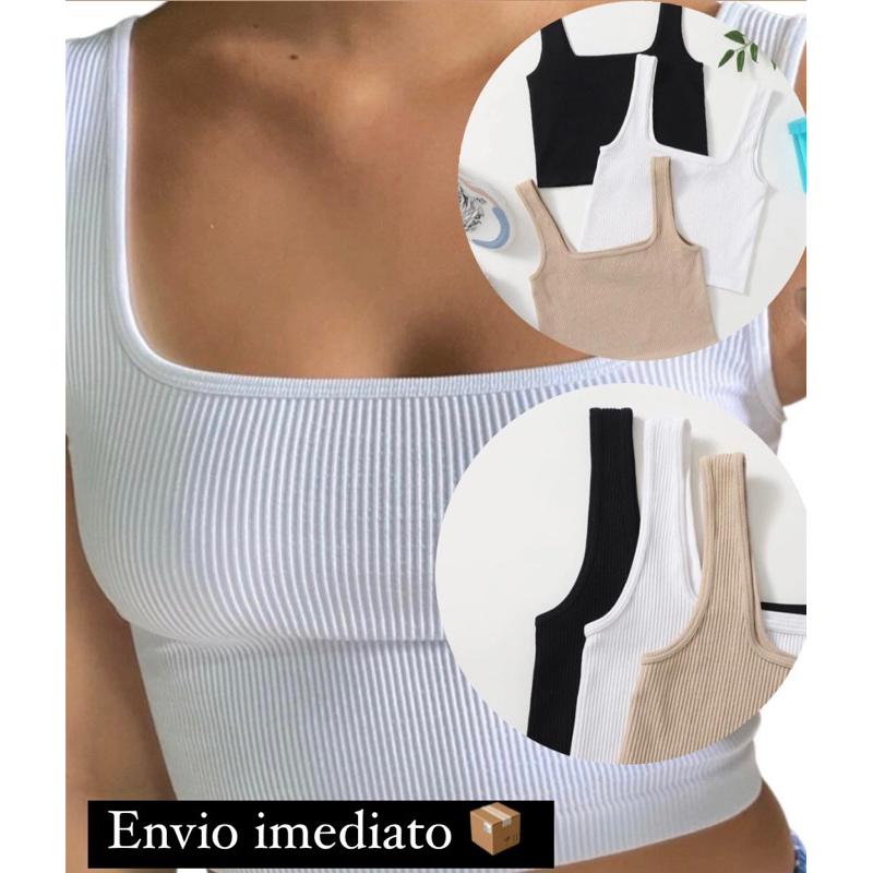 blusa Regata/ Croped Assimétrico Liso Skinny Decote Quadrado Cores diversas P M G