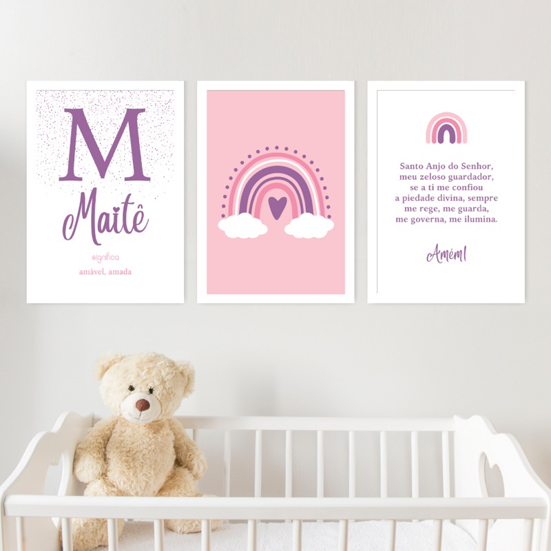 Kit 3 Quadros Decorativos Infantil Personalizado Nome Bebê Para Quarto Ou Porta Maternidade Arco-Íris Lilás e Rosa