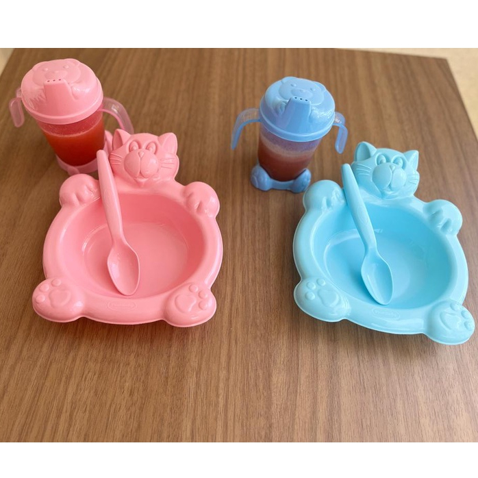 Kit Pratinho de Gatinho c/ Colherzinha + Copinho de Alça Urso c/ Pézinho em Oferta na Shopee