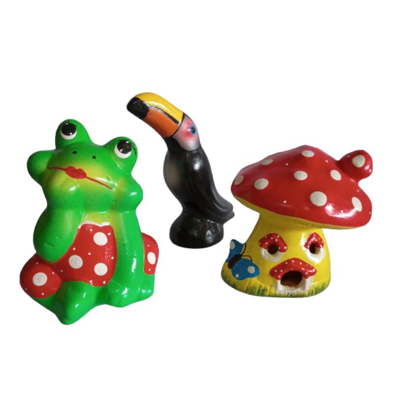 kit decoração de vaso jardim com sapo cogumelo e tucano em cerâmica