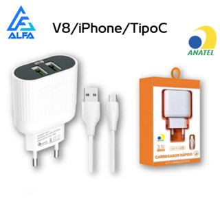 Kit Carregador Com Cabo Fonte 2 Usb V8/Tipo C/iPhone Para Celular Original