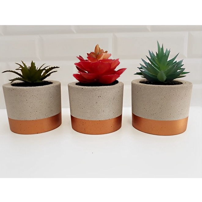 kit 3 Vasos Cachepot Vasinho + Suculenta Artificial - Decorar Mesa, Lavabo, Sala