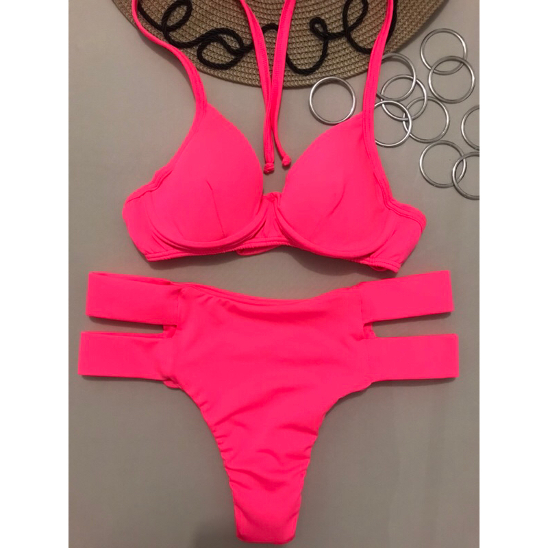 Biquíni aro com bojo - calcinha estilo hot pant - rosa neon - aro de sustentação / biquíni / 1 conjunto