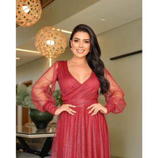 Vestido de festa em tule com brilho e punho Casamento Madrinhas Noiva